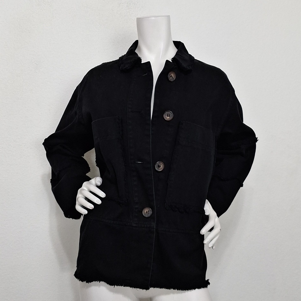 Zara Black Gorpcore Button Front Raw Hem Large Front Pockets Chore Barn Coat S/M